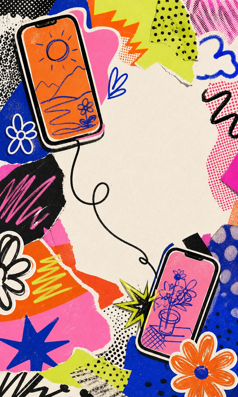 Original colorful zine collage with two hand-drawn phones connected by a looping line